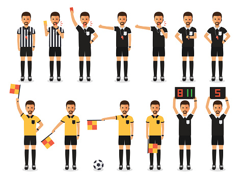 Soccer referees, football referees in actions on white background. Flat design characters.