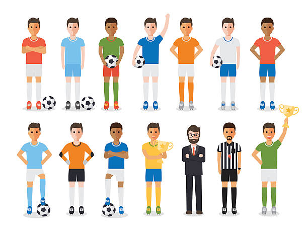 Soccer player, football sport athlete character set Soccer sport athletes, football players, soccer team manager and football referee. Flat design characters. boys soccer stock illustrations