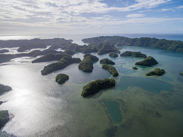 koror island in palau. archipelago, part of micronesia region - micronesia lagoon palau aerial view imagens e fotografias de stock