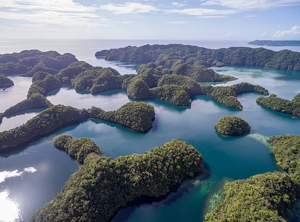 koror island in palau. archipelago, part of micronesia region - micronesia lagoon palau aerial view imagens e fotografias de stock