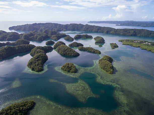 koror island in palau. archipelago, part of micronesia region - micronesia lagoon palau aerial view imagens e fotografias de stock