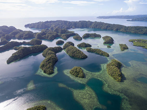 île de koror aux palaos. archipel, partie de la région de micronésie - micronesia lagoon palau aerial view photos et images de collection