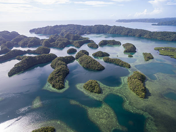 koror island in palau. archipelago, part of micronesia region - micronesia lagoon palau aerial view imagens e fotografias de stock