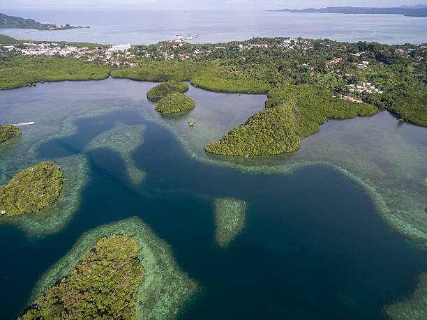 koror island in palau. archipelago, part of micronesia region - micronesia lagoon palau aerial view imagens e fotografias de stock