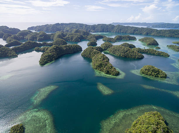 koror island in palau. archipelago, part of micronesia region - micronesia lagoon palau aerial view imagens e fotografias de stock