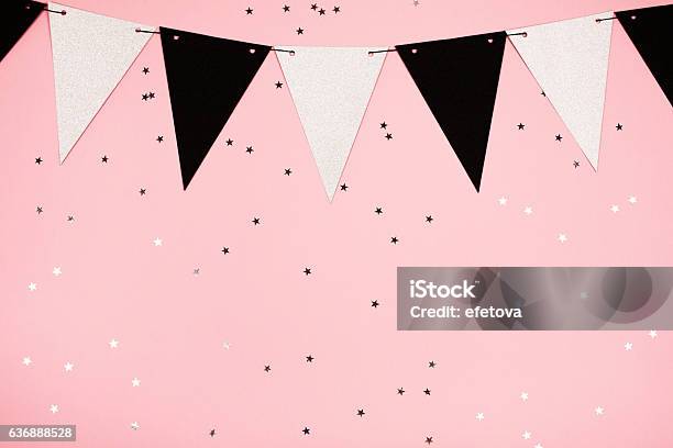 Festive Pink Background Flat Lay Stock Photo - Download Image Now - Confetti, Flat Lay, Birthday