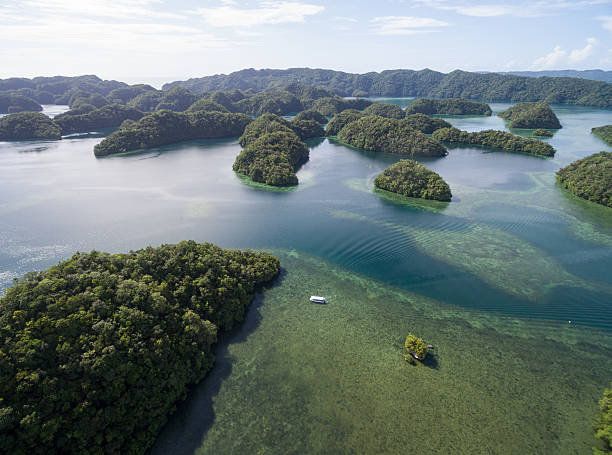 koror island in palau. archipelago, part of micronesia region - micronesia lagoon palau aerial view imagens e fotografias de stock