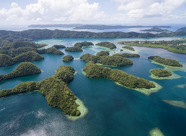 koror island in palau. archipelago, part of micronesia region - micronesia lagoon palau aerial view imagens e fotografias de stock