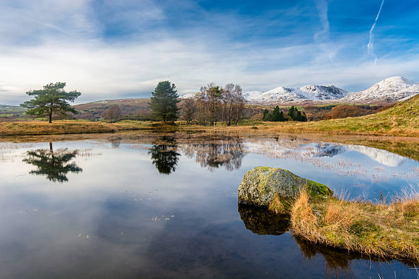 calma giornata autunnale a kelly hall tarn. - old man of coniston foto e immagini stock