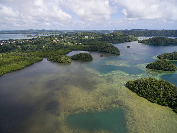 koror island in palau. archipelago, part of micronesia region - micronesia lagoon palau aerial view imagens e fotografias de stock