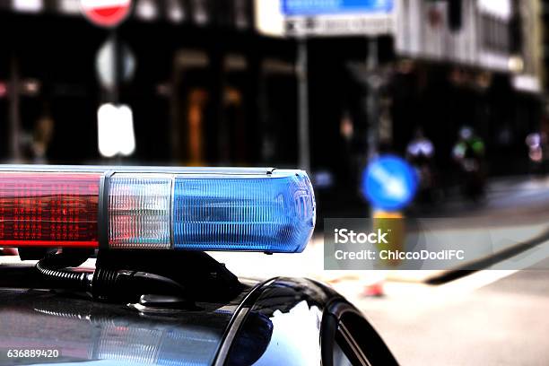 Red And Blue Flashing Lights Of The Police Car Stock Photo - Download Image Now - Traffic Warden, Police Force, Office