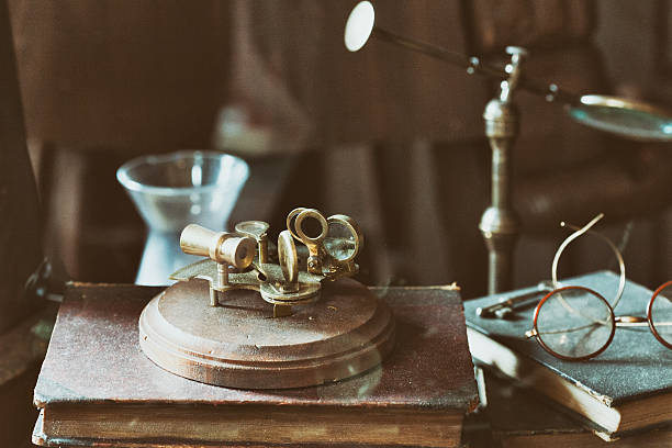 Vintage scientific equipment on an old desk.