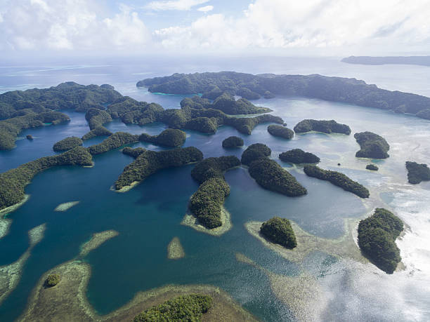 koror island in palau. archipelago, part of micronesia region - micronesia lagoon palau aerial view imagens e fotografias de stock