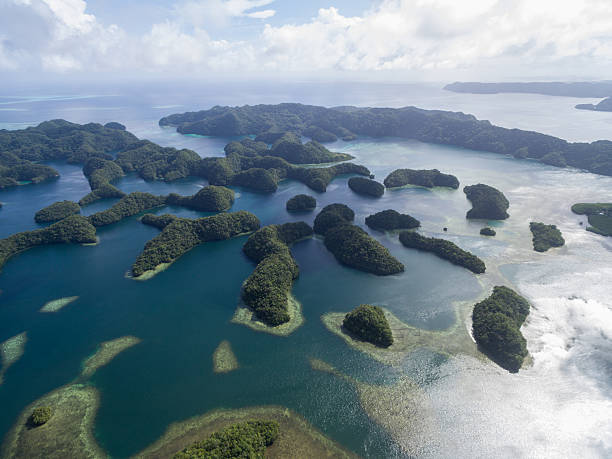 koror island in palau. archipelago, part of micronesia region - micronesia lagoon palau aerial view imagens e fotografias de stock