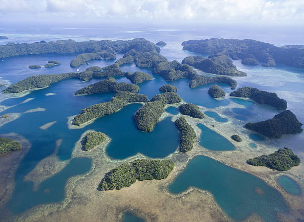 koror island in palau. archipelago, part of micronesia region - micronesia lagoon palau aerial view imagens e fotografias de stock