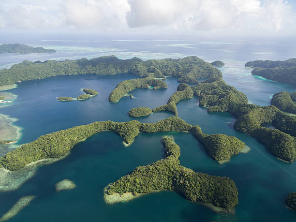 île de koror aux palaos. archipel, partie de la région de micronésie - micronesia lagoon palau aerial view photos et images de collection