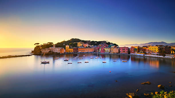 Sestri Levante, silence bay sea harbor  beach view on sunset.