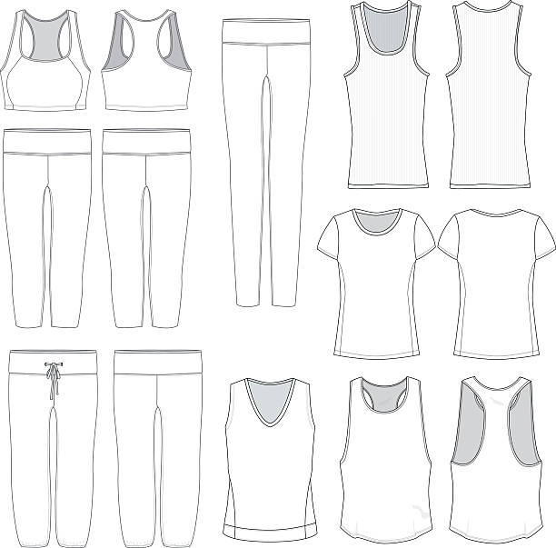 ilustraciones, imágenes clip art, dibujos animados e iconos de stock de plantillas de ropa vector para mujer - sostén deportivo