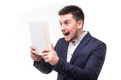 scream man that looking in book on white background