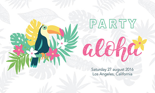 Hawaiian party banner template Hawaiian party banner template with Aloha lettering, toucan, flowers and tropical leaves. Vector illustration. Typographic design for placard, flyer, poster, invitation card. aloha single word stock illustrations