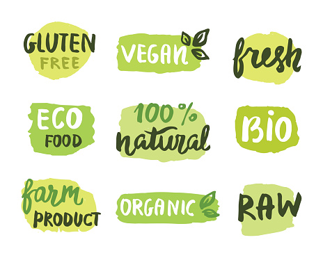 Bio natural food concept. Set of vector labels. Emblems, stamps design. Ecology logo. Hand drawn lettering, stains
