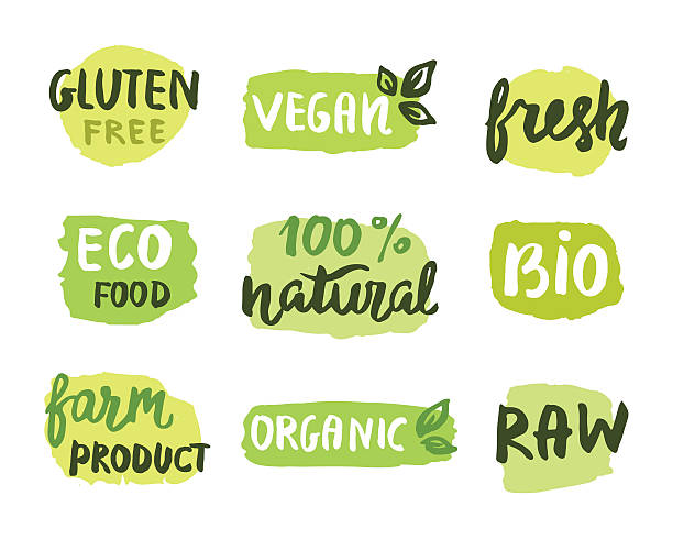 Bio natural food concept Bio natural food concept. Set of vector labels. Emblems, stamps design. Ecology logo. Hand drawn lettering, stains organic stock illustrations