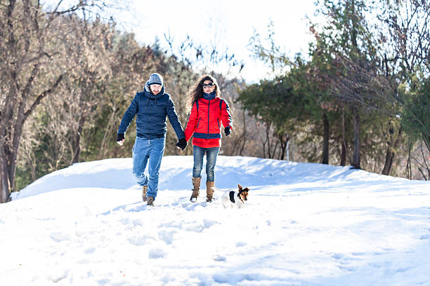 istock Smiling young people walking with a dog in snow forest 636898534