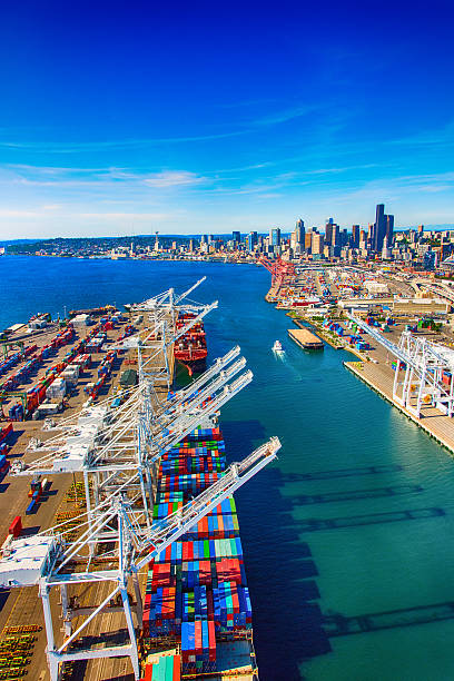 Port of Seattle Washington Aerial The Port of Seattle, Washington; the center for international trade in the Pacific Northwest of the United States. puget sound aerial stock pictures, royalty-free photos & images