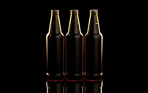 ilustraciones, imágenes clip art, dibujos animados e iconos de stock de botellas de cerveza sobre fondo negro. ilustración 3d. - shallow dof illustrations