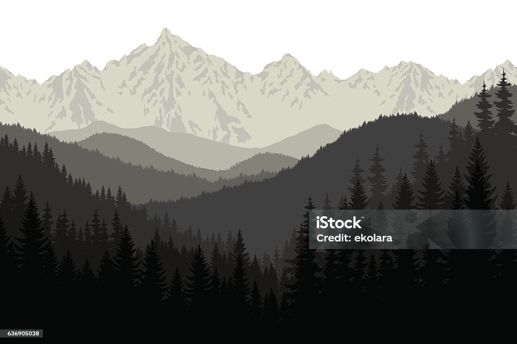 Grey mountains forest retro vintage vector background illustration. In Silhouette stock vector