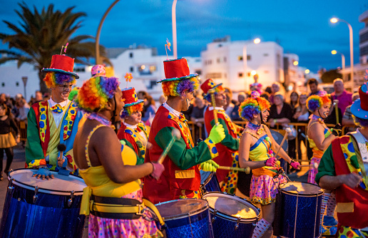Arrecife, Lanzarote, Spain - February 8, 2016: People participating and celebrating at the Grand Parade of Carnival in the streets of Arrecife on Lanzarote, Canary Islands, Spain. 