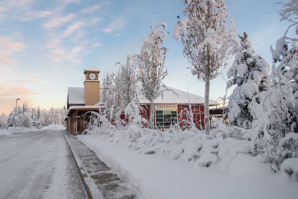 冬のフェアバンクスアラスカ鉄道�駅 - fairbanks ストックフォトと画像