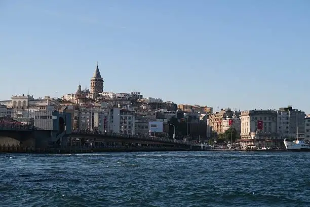 View from Istanbuls Oldtown Sultanahmet - Eminonu - at Galata Bridge, Galata Tower, the Bosphorus and Golden Horn in Turkey.