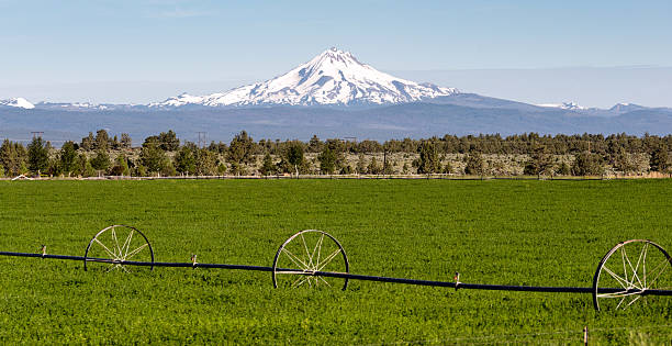 Farm irrigation tools stand in the farm fields near Mt Jefferson on Warm Springs Reservation