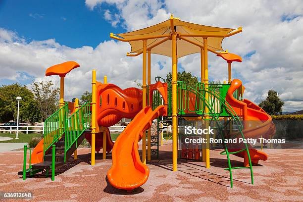 Colorfuf Playground In Southern California Stock Photo - Download Image Now - Arts Culture and Entertainment, Blue, Brown