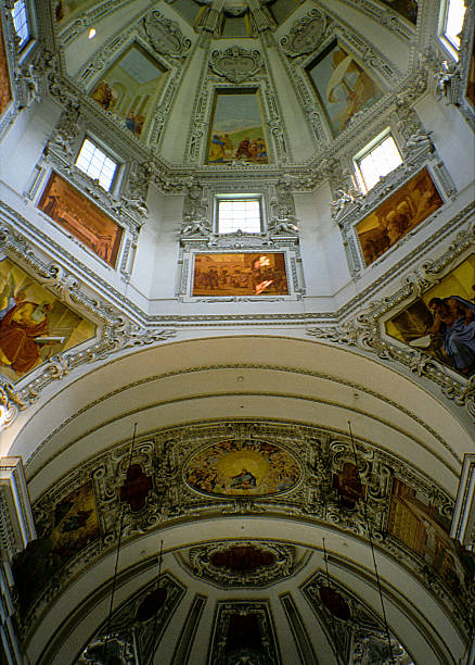 Interior view of the dome of the Salzburg Cathedral above the alter from the nave, Austria.