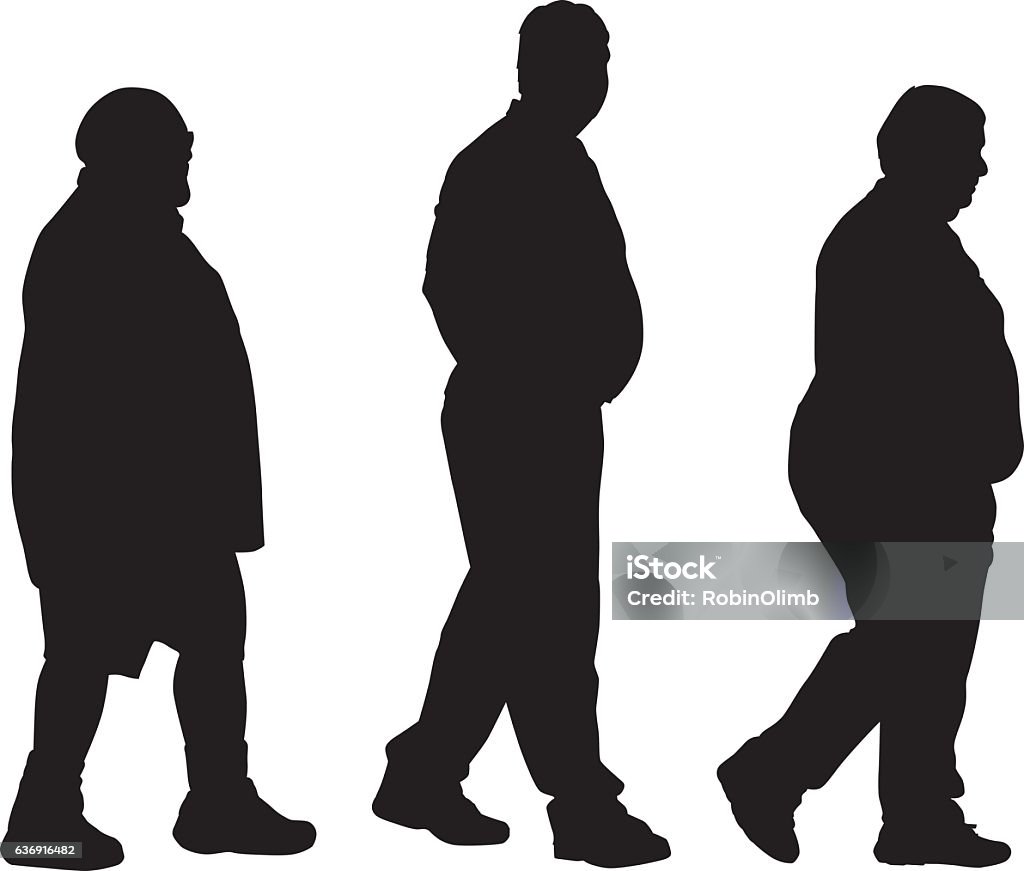 Three Overweight Men Walking Vector silhouettes of three overweight men walking. In Silhouette stock vector