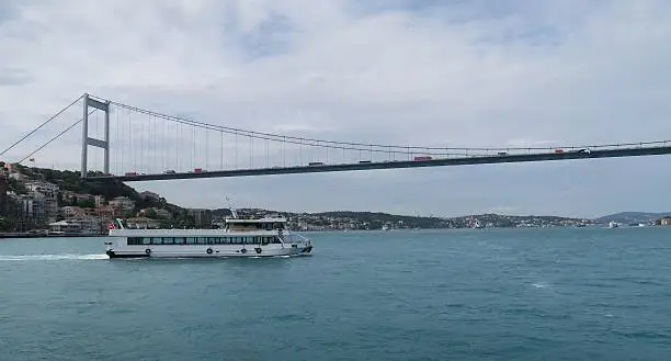 The Fatih Sultan Mehmet Bridge, also known as Second Bosphorus Bridge and a Ship, at the European Side of Istanbul, Turkey