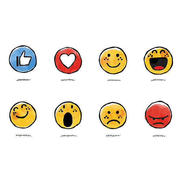 ручная нарисованная акварель основные смайлики - cheerful happiness facial expression behavior stock illustrations