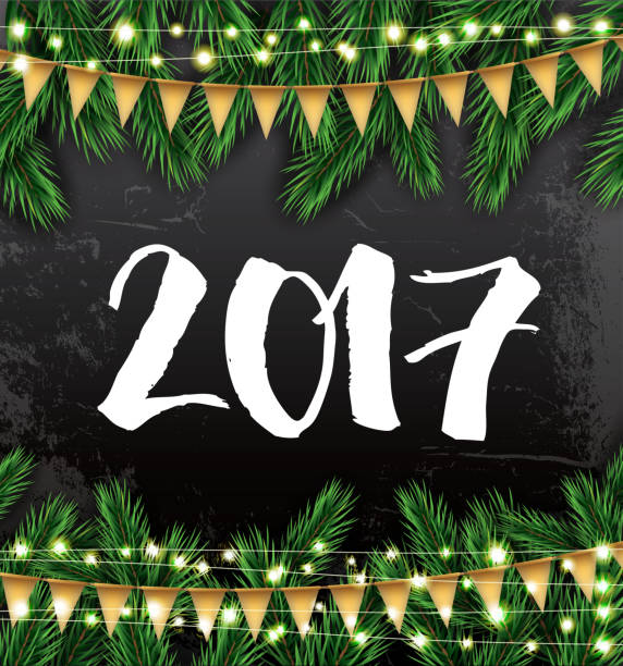 2017. New Year Card with Fir Branches and Neon Garlands. 2017. New Year Card with Fir Branches, Neon Garlands and Flags. Vector Illustration. flaglets stock illustrations