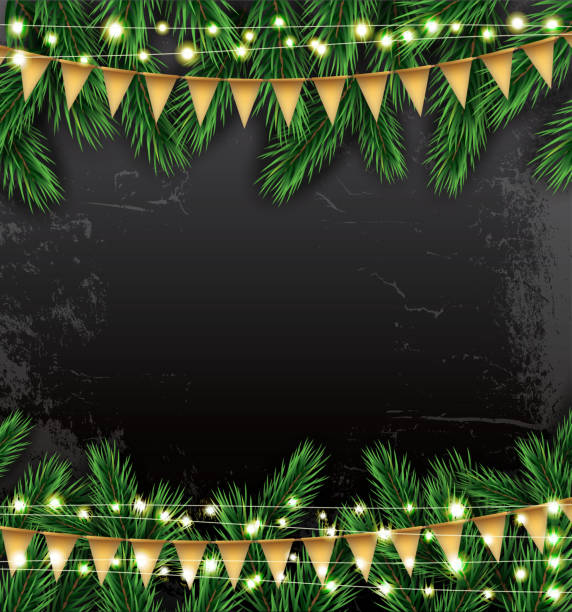 Empty Christmas Template with Fir Branches, Neon Garlands and Fl Empty Christmas Template with Fir Branches, Neon Garlands and Flags. Vector Illustration. Card with Copy Space. flaglets stock illustrations