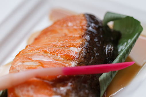 Teriyaki Salmon : Fried Marinated Salmon with Teriyaki Sauce.