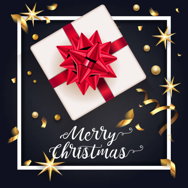 istock Christmas greeting card with gift box, bow gifts and confetti 636929594