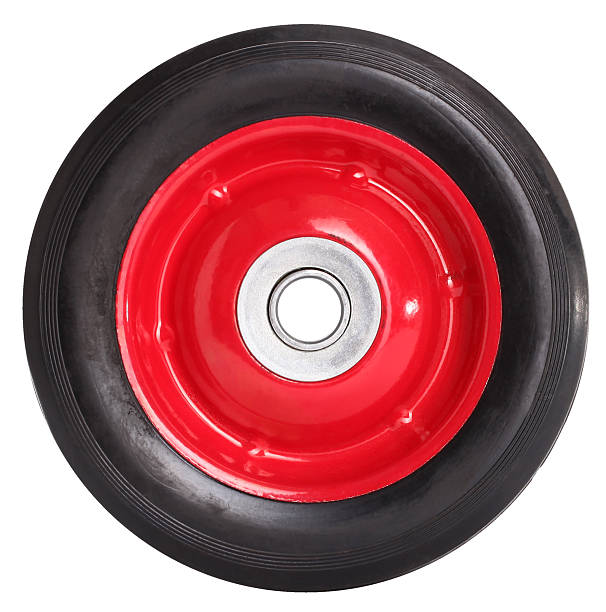 This is a red metal wheel with black tire.