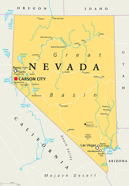 Nevada political map Nevada political map with capital Carson City. State in the Western, Mountain West and Southwestern regions of USA, with Las Vegas, Reno, Lake Mead and Area 51. Illustration, English labeling. Vector. nevada stock illustrations