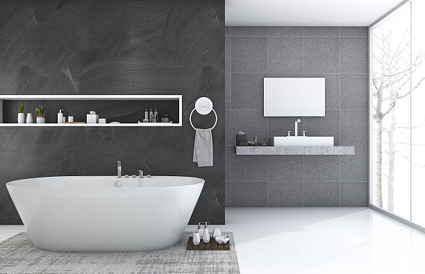 3d rendering modern style bathroom with nice winter view 3d rendering by 3ds max 2016 looking in mirror stock pictures, royalty-free photos & images