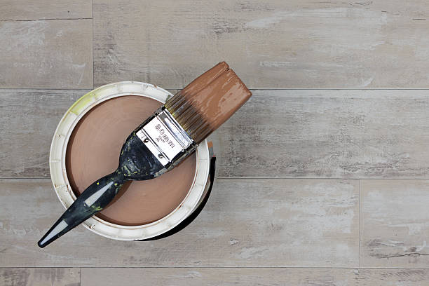 istock Loaded paintbrush across an open can of light brown paint 636937298
