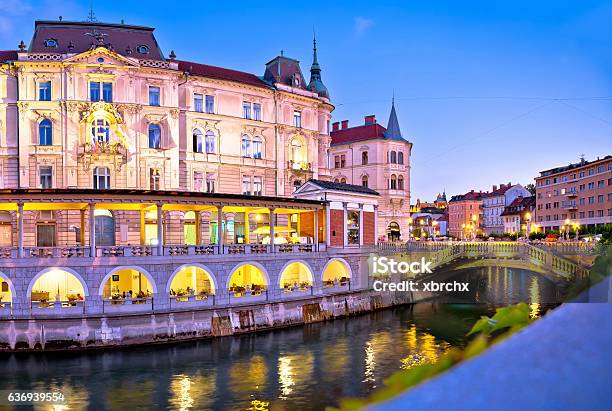 Ljubljana Riverfront Architecture Evening View Stock Photo - Download Image Now - Ljubljana, Ljubljanica River, Architecture