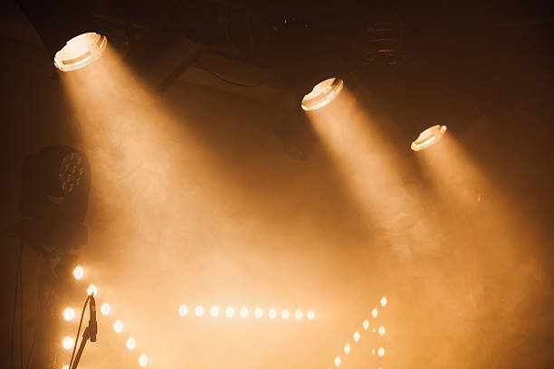istock Spot lights with yellow rays in the dark 636940960