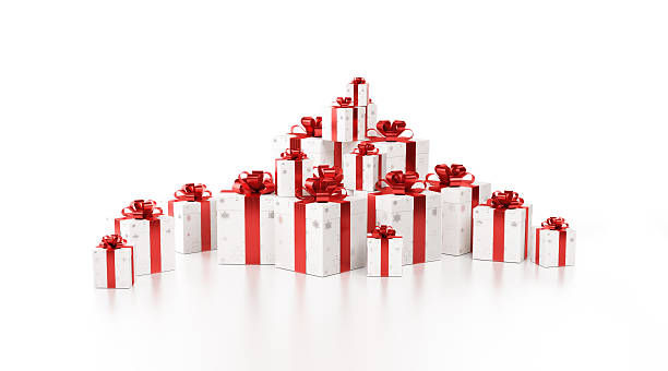 istock White Gift Boxes Tied with Shiny Red Ribbon 636942082